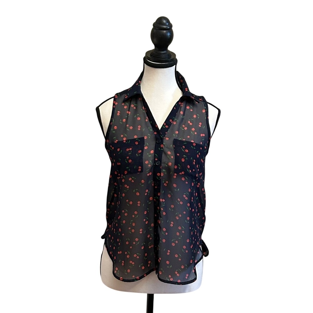 Wet Seal Navy Blue Sleeveless Cherry Print Sheer‎ Button Up Top Womens XS Y2K